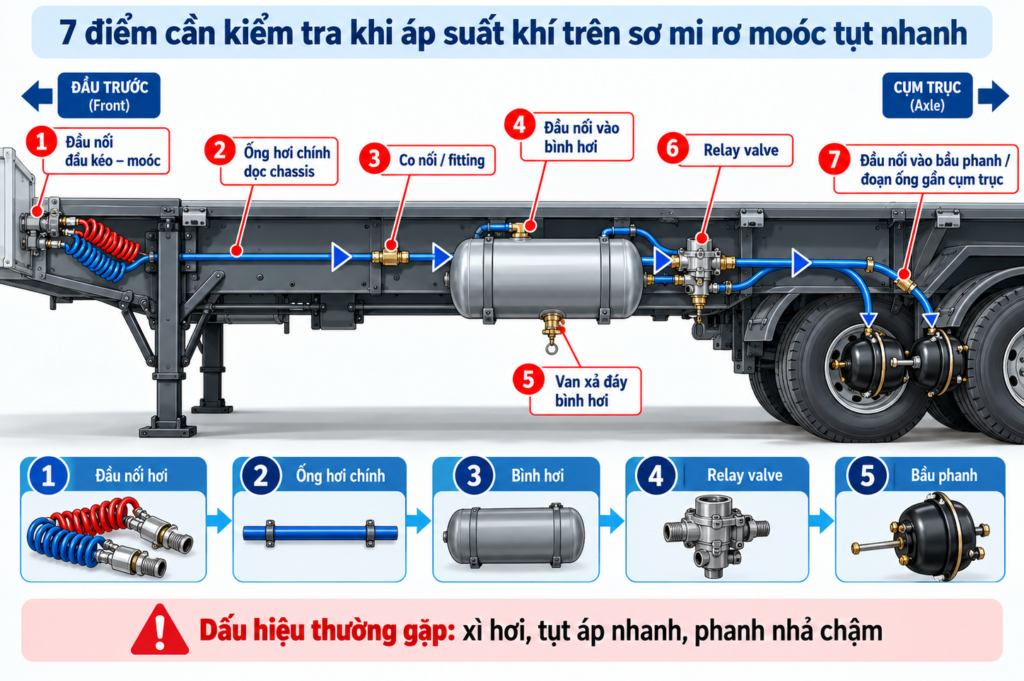 7 vị trí cần kiểm tra khi áp suất tụt nhanh 