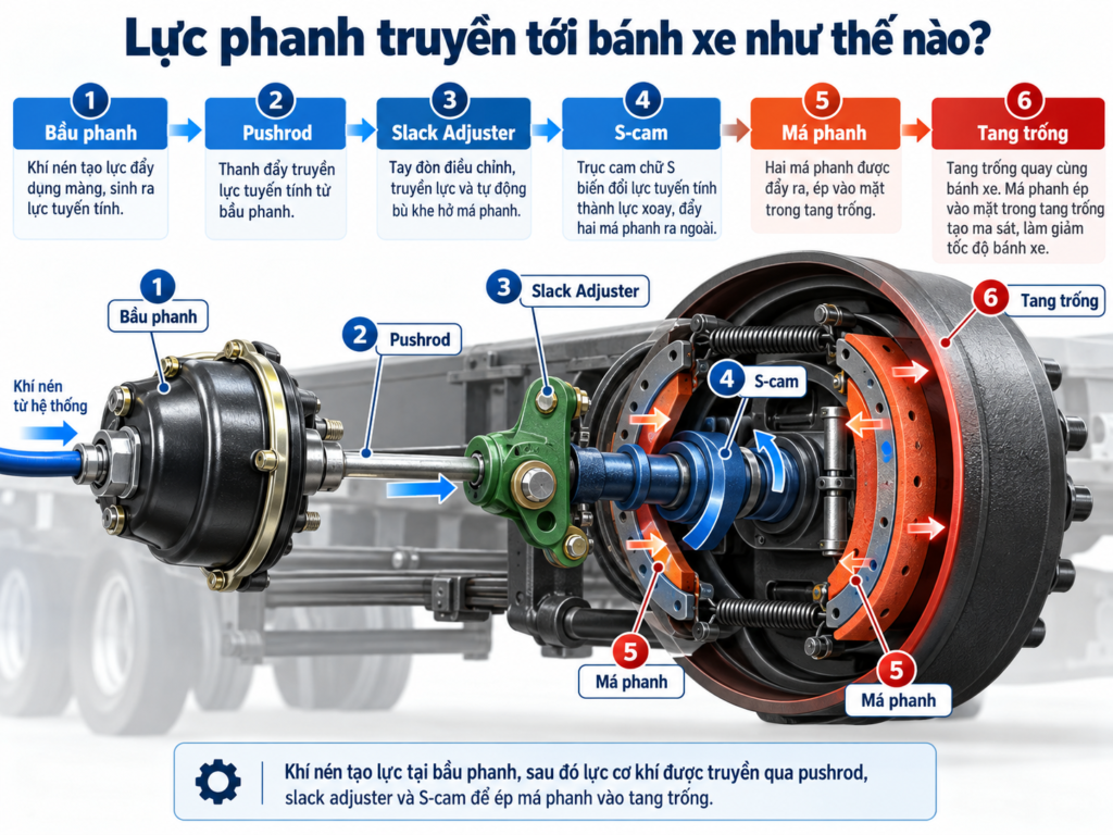 cơ chế truyền lực phanh sơ mi rơ moóc